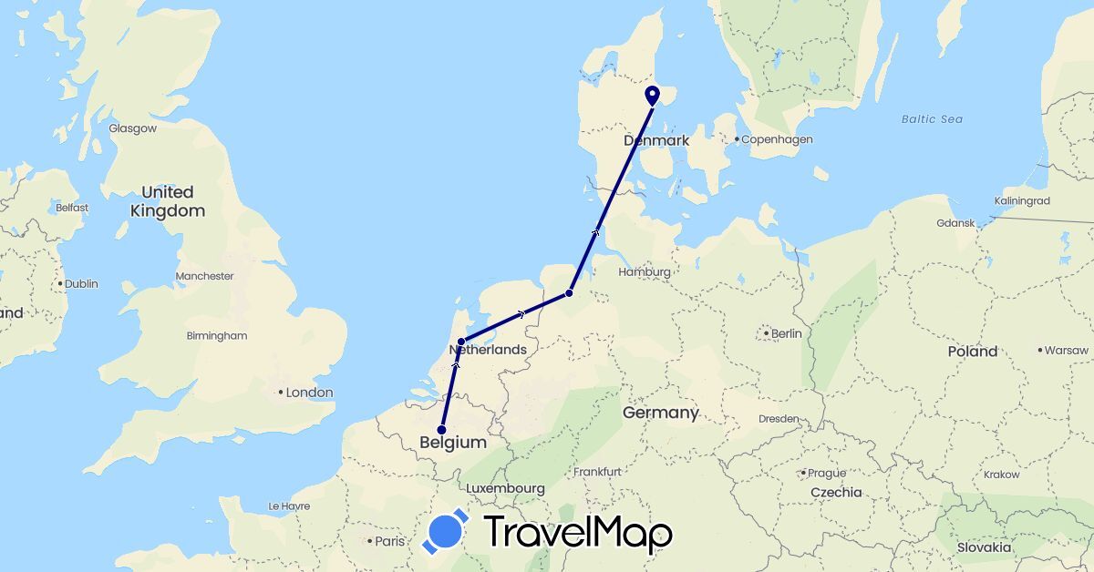 TravelMap itinerary: driving in Belgium, Germany, Denmark, Netherlands (Europe)